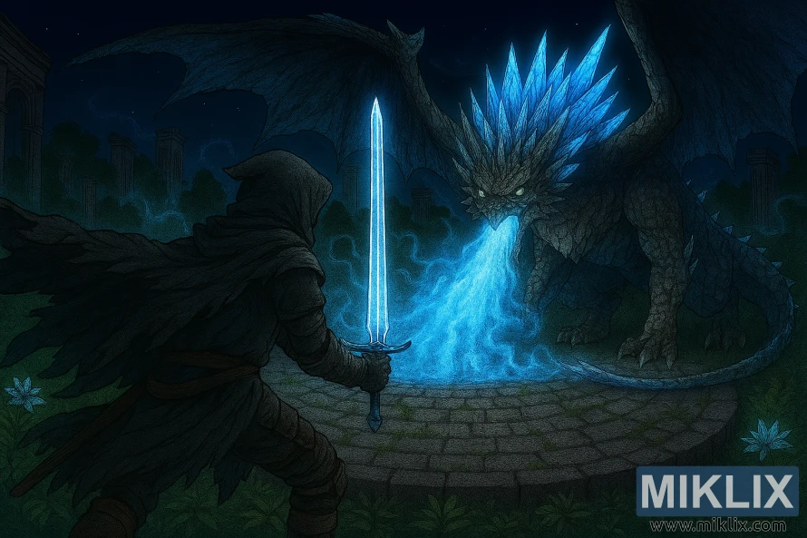Anime-style fan art of the Tarnished holding sword in front of him facing Glintstone Dragon Adula
