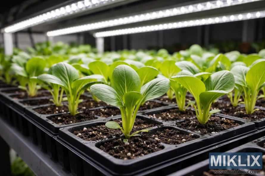 Unge bok choy-frøplanter som vokser i svarte frøbrett innendørs under LED-vekstlys Unge bok choy-frøplanter som vokser i svarte frøbrett innendørs under LED-vekstlys