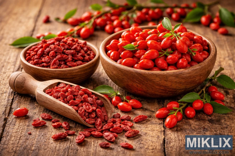 Fresh and dried goji berries displayed in wooden bowls with a scoop on a rustic wooden table under warm natural light.