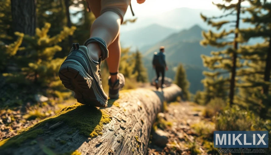 Pohodnik na sončni gorski poti stopa čez mahom obrasel hlod z vrhovi v daljavi.