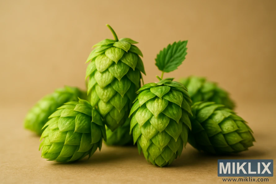 Nærbilde av livlige grønne aromahumlekegler under varmt lys mot en nøytral bakgrunn som fremhever deres intrikate struktur.