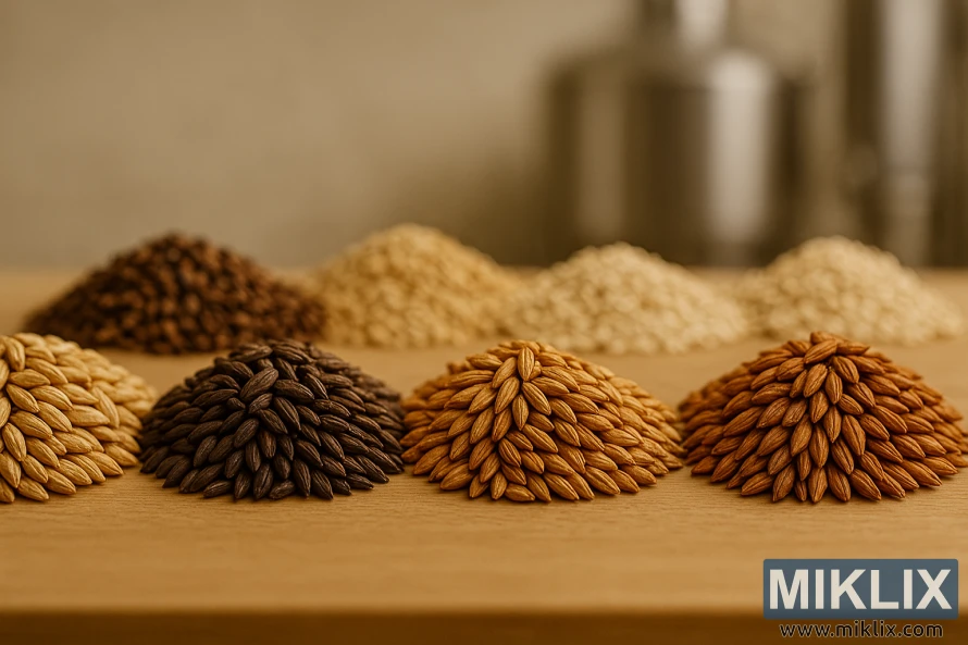 ಬೆಚ್ಚಗಿನ ಬೆಳಕಿನಲ್ಲಿ ಬಾರ್ಲಿ, ಗೋಧಿ ಮತ್ತು ಓಟ್ಸ್‌ಗಳೊಂದಿಗೆ ಜೋಡಿಸಲಾದ ವಿಭಿನ್ನ ಬಣ್ಣಗಳು ಮತ್ತು ವಿನ್ಯಾಸಗಳನ್ನು ಹೊಂದಿರುವ ವಿವಿಧ ರೈ ಮಾಲ್ಟ್‌ಗಳು.