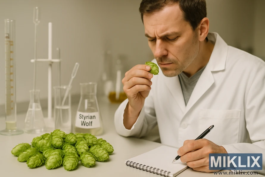 Um especialista sensorial de bata branca examina cones frescos de lúpulo-lobo da Estíria num laboratório. Um especialista sensorial de bata branca examina cones frescos de lúpulo-lobo da Estíria num laboratório.