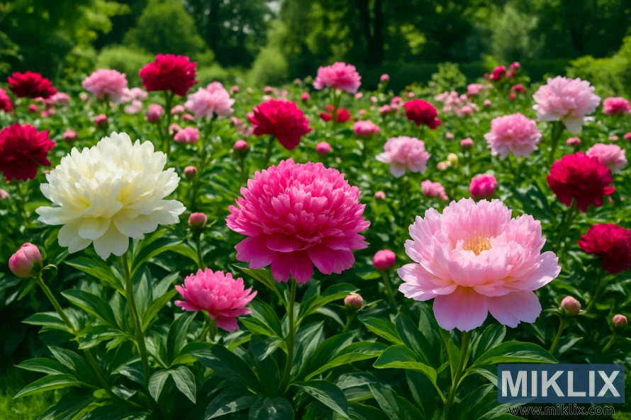 A vibrant peony flower bed with pink, red, and white blossoms in a lush garden on a bright summer day.