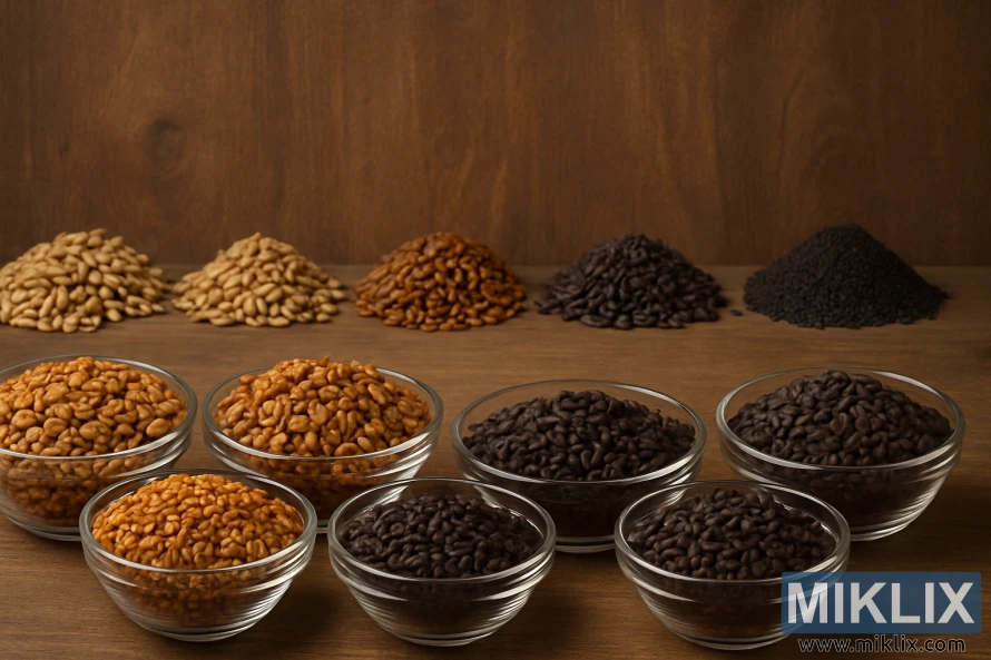 Staklene zdjele od karamele, kristala, prženog ječma i čokoladnog slada na rustikalnoj pozadini.