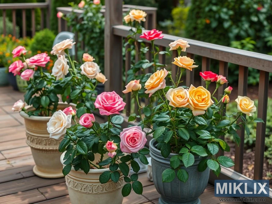 Potted roses in pink, white, yellow, and coral on a wooden deck with green foliage.