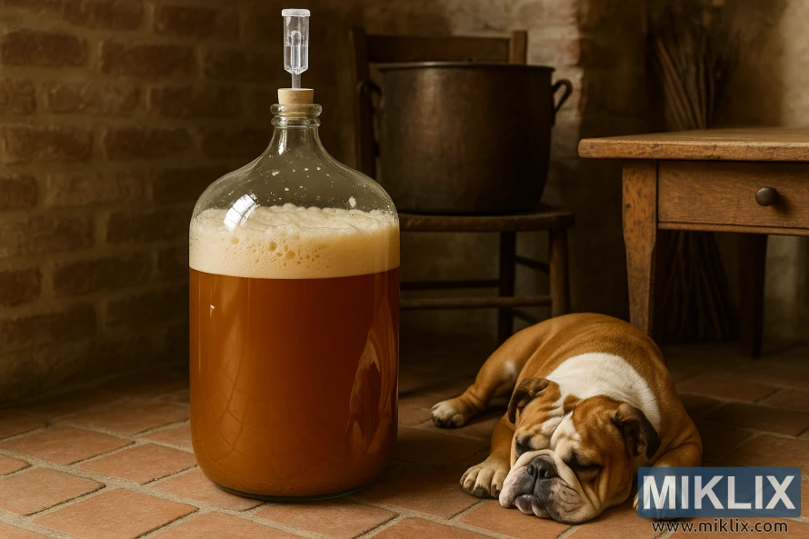 Segelas karbo bir Saison Belgium yang ditapai di rumah desa Belgium dengan seekor anjing jantan tertidur di atas lantai berjubin.