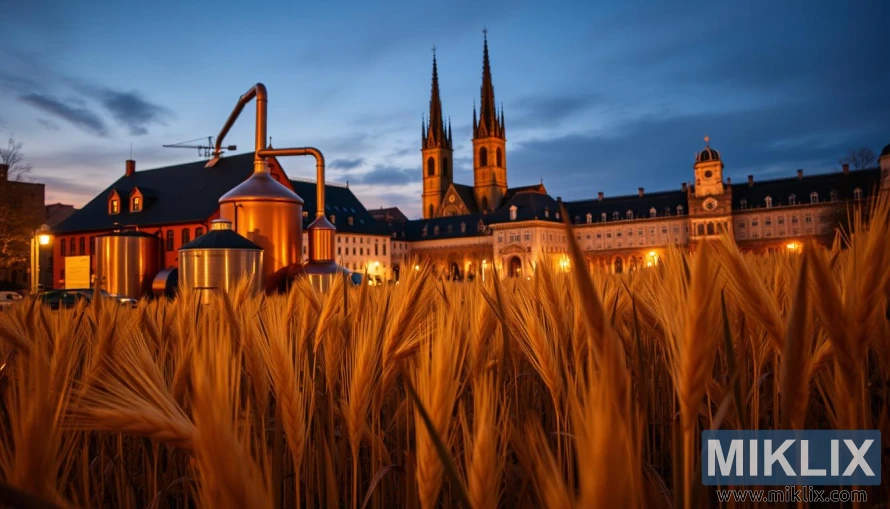 Bayersk bryggeri med kobberkjeler, München-maltstilker og katedralspir ved høstsolnedgang.