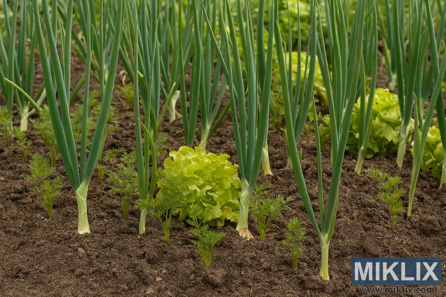 Bedengan kebun berisi bawang, wortel, dan selada yang ditanam berdampingan di tanah yang subur.