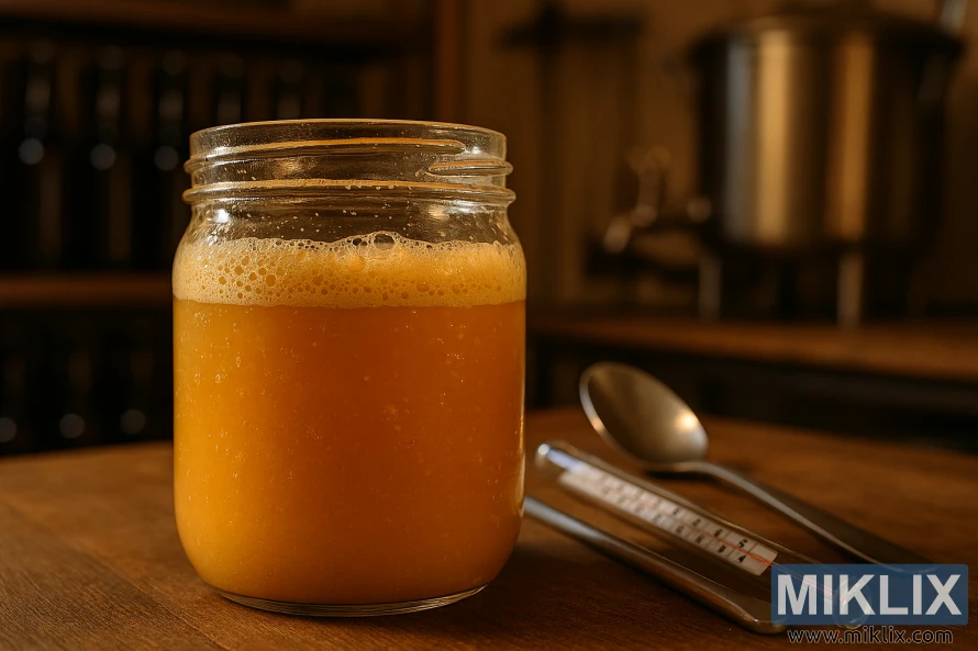 Close-up of a glass jar filled with vibrant orange kveik yeast slurry, surrounded by brewing tools in a warmly lit home brewery.