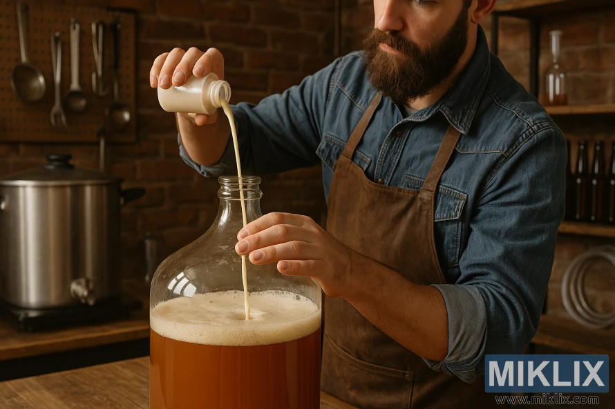 دیہاتی ورکشاپ میں ایک گھریلو شراب بنانے والا مائع خمیر کو شیشے کے ابال کے برتن میں ڈالتا ہے۔ دیہاتی ورکشاپ میں ایک گھریلو شراب بنانے والا مائع خمیر کو شیشے کے ابال کے برتن میں ڈالتا ہے۔