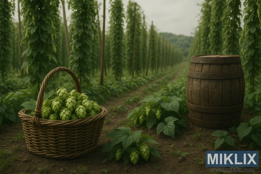 పొడవైన ట్రేల్లిస్, ఓక్ బారెల్ మరియు మృదువైన విస్తరించిన కాంతి కింద లష్ బైన్స్ ఉన్న పొలంలో తాజా ససెక్స్ హాప్స్ బుట్ట. పొడవైన ట్రేల్లిస్, ఓక్ బారెల్ మరియు మృదువైన విస్తరించిన కాంతి కింద లష్ బైన్స్ ఉన్న పొలంలో తాజా ససెక్స్ హాప్స్ బుట్ట.