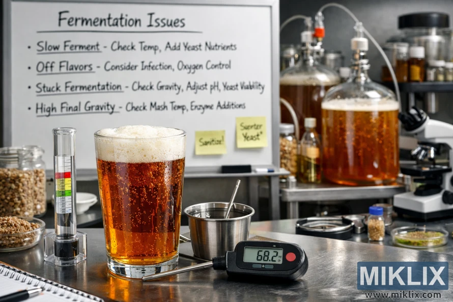 Clinical brewing laboratory with a glass of amber beer, hydrometer, temperature probe, fermentation notes on a whiteboard, and glass fermentation vessels in the background.