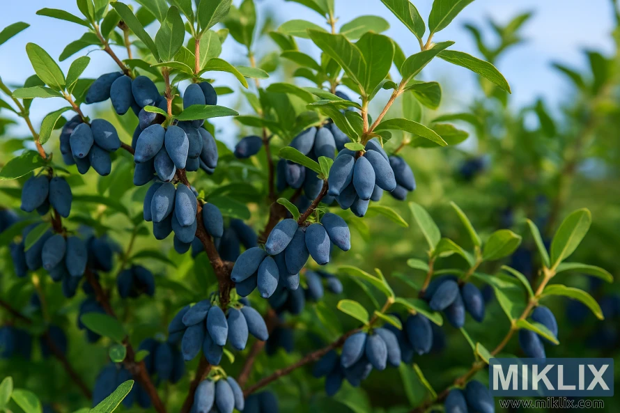 Close-up of a cold-hardy honeyberry shrub with clusters of ripe blue-purple berries among green leaves in a northern garden. Close-up of a cold-hardy honeyberry shrub with clusters of ripe blue-purple berries among green leaves in a northern garden.