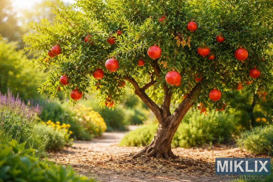 Pomegranate tree with ripe red fruits growing in a sunny garden with well-draining soil Pomegranate tree with ripe red fruits growing in a sunny garden with well-draining soil