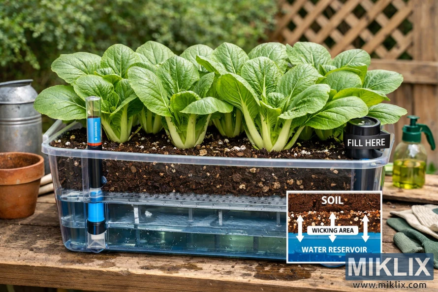 Gjennomsiktig selvvanningspotte med sunn bok choy, synlig vannreservoar, fukttransportsystem og vannivåindikator på et utendørs hagebord. Gjennomsiktig selvvanningspotte med sunn bok choy, synlig vannreservoar, fukttransportsystem og vannivåindikator på et utendørs hagebord.