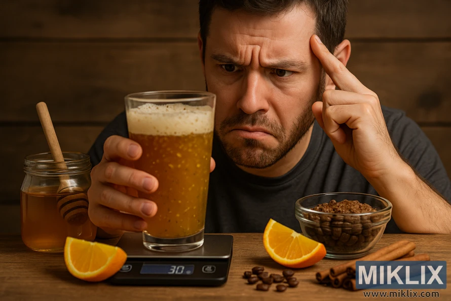 홈브루어가 소박한 테이블 위에 놓인 흐릿한 맥주와 첨가물을 살펴보며 걱정스러운 표정을 짓고 있다.