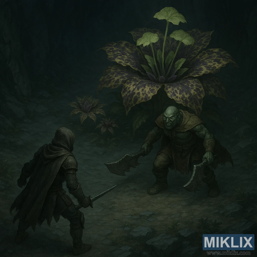 Isometric dark fantasy artwork showing the Tarnished facing an Omenkiller and Miranda the Blighted Bloom inside a misty cavern. Isometric dark fantasy artwork showing the Tarnished facing an Omenkiller and Miranda the Blighted Bloom inside a misty cavern.