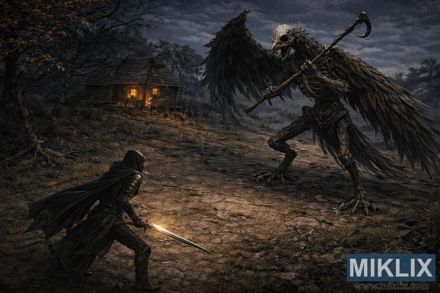 Ilustrație izometrică întunecată a unei creaturi pătate cu glugă, cu o sabie strălucitoare, care se confruntă cu un monstru scheletic impunător, lângă o colibă de lemn luminată noaptea.