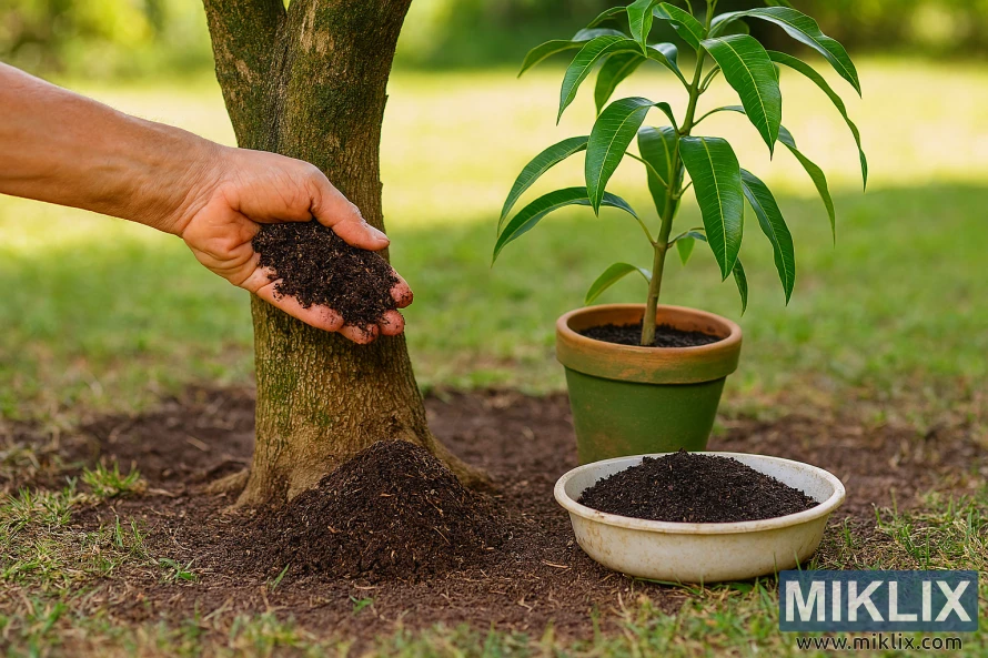 Gardener applying organic fertilizer to a mango tree in a lush tropical orchard