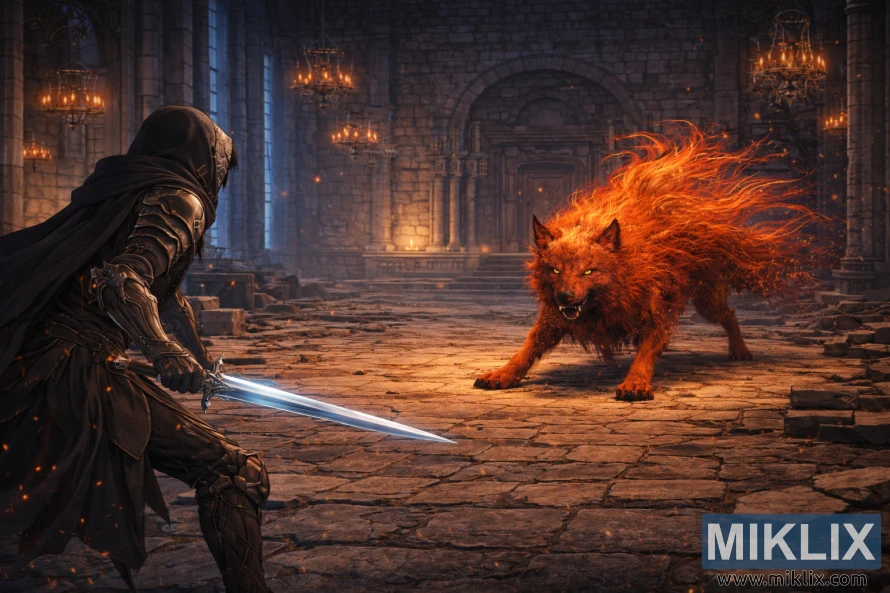 Malawak na fan art na istilong anime na nagpapakita ng mga Tarnished mula sa likuran sa kaliwa, na may hawak na espada habang nakaharap sa Pulang Lobo ng Radagon sa loob ng mga guho ng Raya Lucaria Academy.