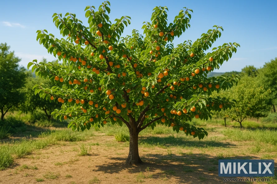 Abricotier poussant en plein soleil, portant des fruits orange mûrs, dans un verger rural au sol bien drainé.