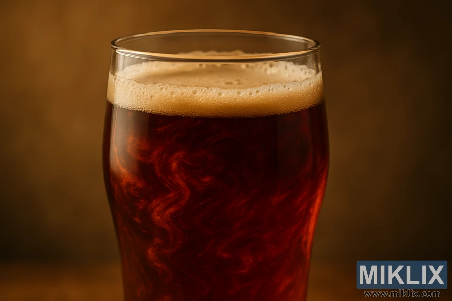 Nærbilde av et glass med rik ravfarget væske som gløder varmt, og viser spesiell stekt malt.