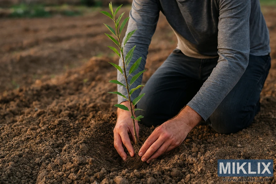 Pessoa ajoelhada para plantar uma jovem muda de amendoeira num canteiro recém-arado sob a luz quente do final da tarde. Pessoa ajoelhada para plantar uma jovem muda de amendoeira num canteiro recém-arado sob a luz quente do final da tarde.