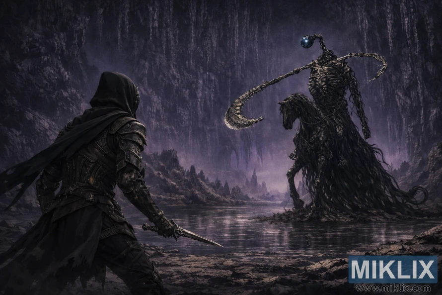 Anløpt i svart knivrustning mot den råtnende ridderen i en realistisk lilla opplyst hule.