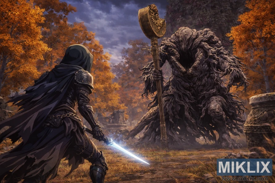 Fan-Art eines in Black Knife-Rüstung gekleideten Spielers, der in herbstlichen Waldruinen dem Erdtree-Avatar gegenübertritt. Fan-Art eines in Black Knife-Rüstung gekleideten Spielers, der in herbstlichen Waldruinen dem Erdtree-Avatar gegenübertritt.