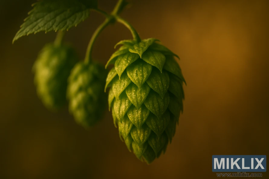 Κοντινό πλάνο ζωηρών κώνων λυκίσκου πρώιμων πουλιών με λαμπερούς αδένες λουπουλίνης.