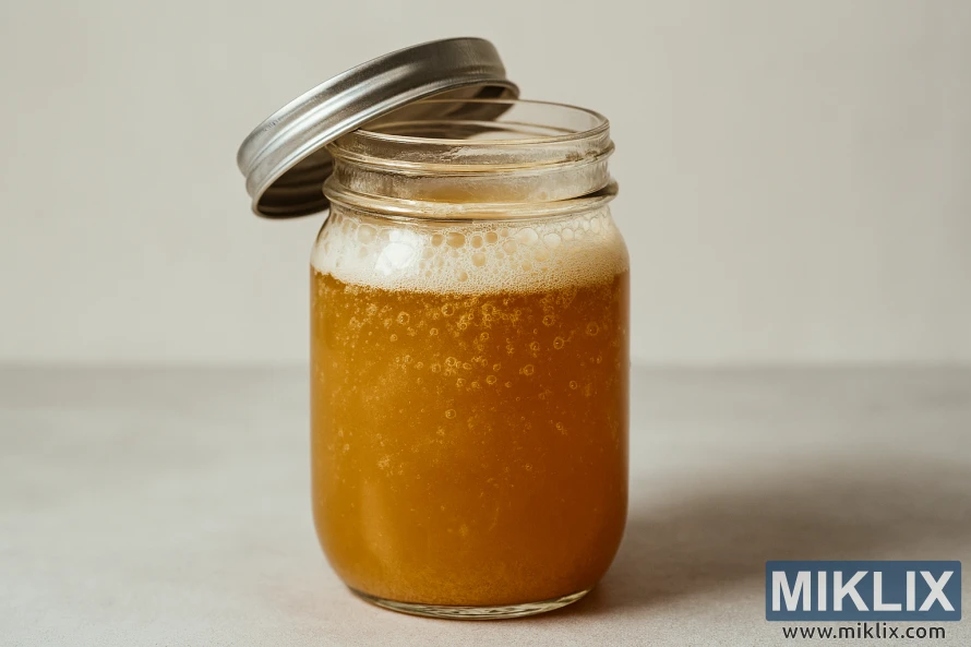 Krupni plan staklene tegle s mutnim zlatno-jantarnim kiselim pivom koje aktivno fermentira, s odškrinutim poklopcem i mjehurićima koji se dižu na površinu.