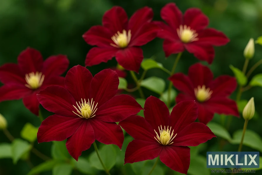 Detailed close-up of deep ruby-red Clematis ‘Niobe’ flowers with velvety petals and creamy yellow stamens against green foliage.