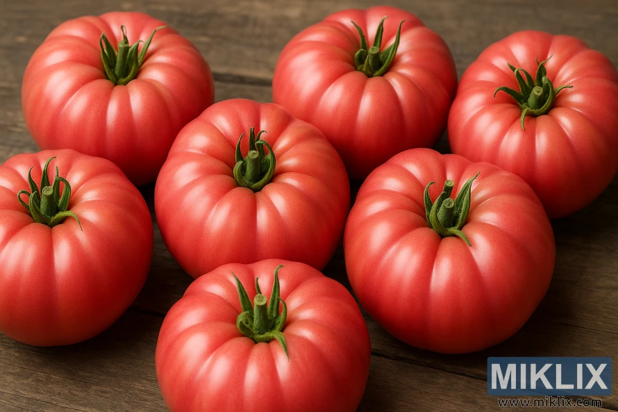 Vista aproximada de tomates Brandywine rosados e maduros, dispostos sobre uma mesa rústica de madeira. Vista aproximada de tomates Brandywine rosados e maduros, dispostos sobre uma mesa rústica de madeira.