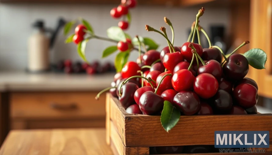 Svaigi novākti ķirši zemnieciskā koka kastē ar lapu zariem siltā, maigi apgaismotā virtuves vidē. Svaigi novākti ķirši zemnieciskā koka kastē ar lapu zariem siltā, maigi apgaismotā virtuves vidē.