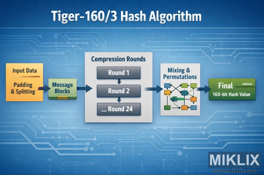 Landscape infographic showing a simplified flowchart of the Tiger-160/3 hash algorithm from input data through compression rounds and mixing to a final 160-bit hash value.