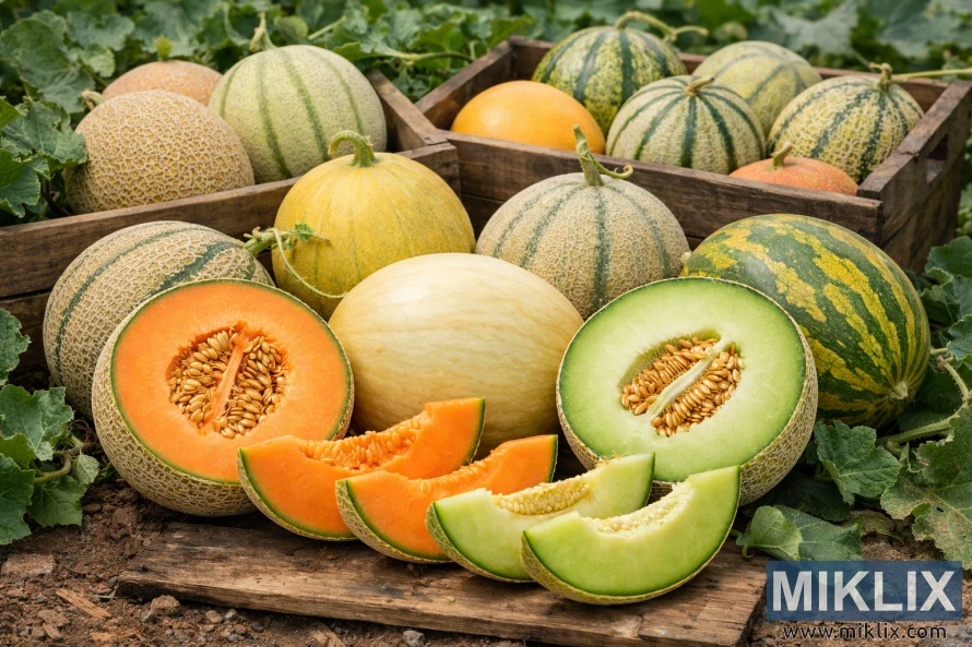 Pjepër të sapovjelë të varieteteve të ndryshme të rregulluar në arka druri, me shalqinj të prerë përgjysmë dhe të prerë në feta që tregojnë tul portokalli dhe jeshil në një mjedis fushor.