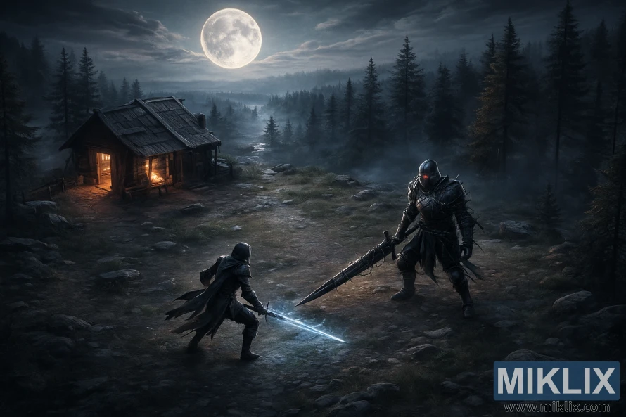 Realistic isometric Elden Ring scene showing a Tarnished with a glowing blue sword facing a slightly larger Bell Bearing Hunter in barbed armor near the Hermit Merchant's Shack under a bright full moon. Realistic isometric Elden Ring scene showing a Tarnished with a glowing blue sword facing a slightly larger Bell Bearing Hunter in barbed armor near the Hermit Merchant's Shack under a bright full moon.