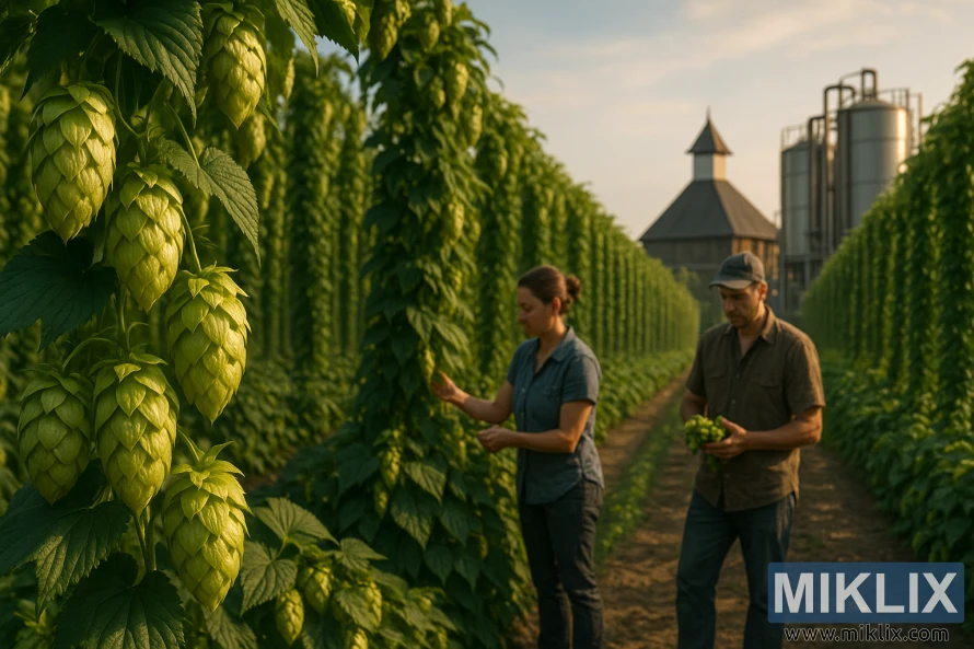 Golden Horizon humlekegler svaier i et solfylt felt med bryggere som høster og en humlevn og bryggeri i bakgrunnen.