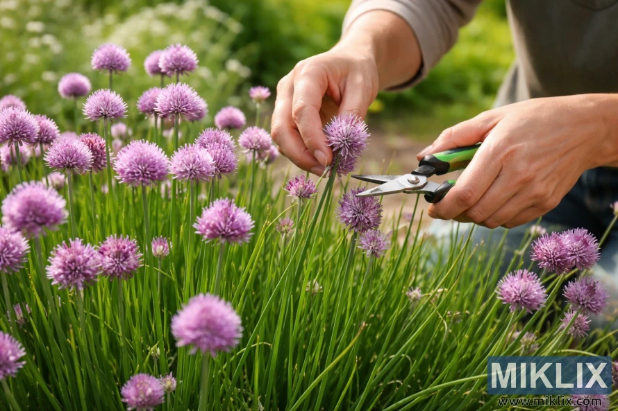 Gardener using hand pruners to deadhead purple chive flowers among green stems in a sunlit garden