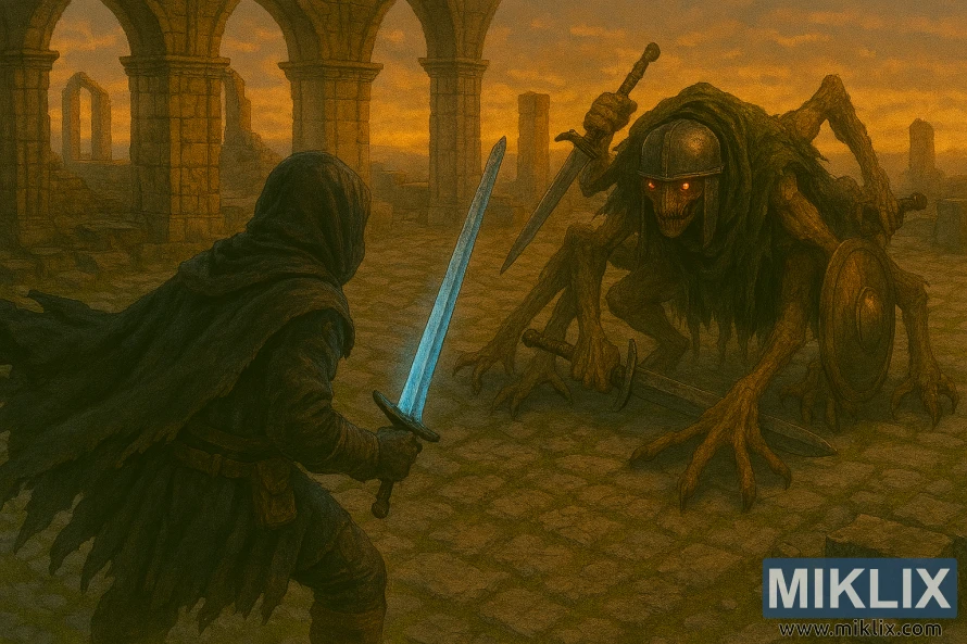 Semi-realistic Elden Ring fan art of the Tarnished confronting a grotesque, helmeted Grafted Scion crawling on limbs