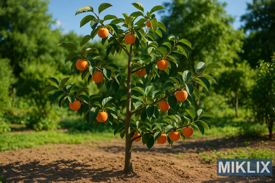 A healthy persimmon tree with glossy green leaves and ripe orange fruits growing in a sunny garden with well-drained soil. A healthy persimmon tree with glossy green leaves and ripe orange fruits growing in a sunny garden with well-drained soil.