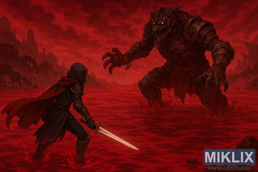 Аниме фан арт Потамњелих у оклопу Црног Ножа који се боре против Змајевог Војника у Језеру Труљења Елден Ринга, гледано из подигнутог изометријског угла