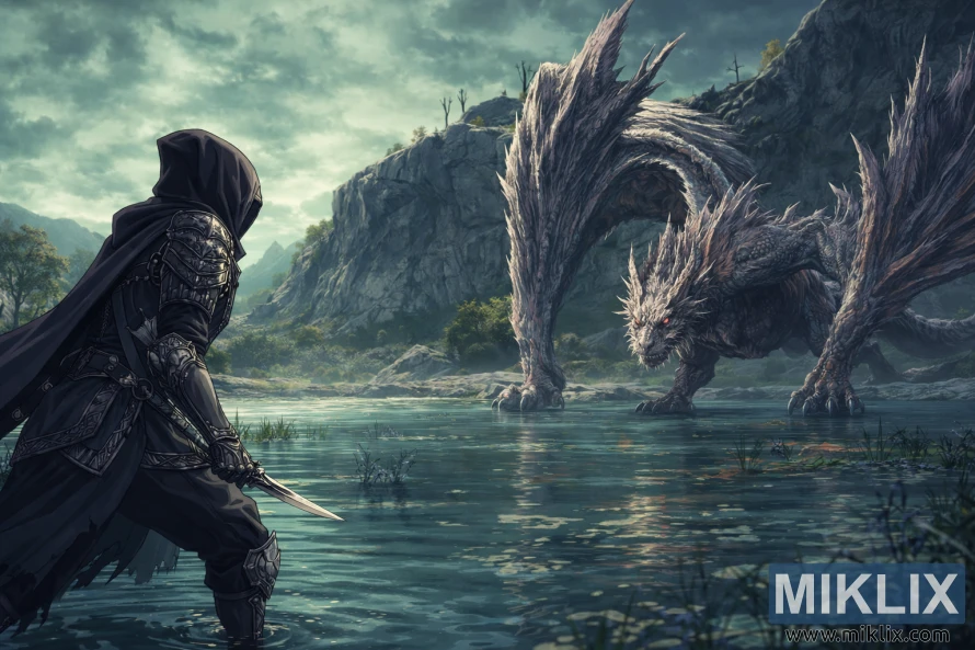 Anime style fan art of the Tarnished in Black Knife armor facing Flying Dragon Agheel in Lake Agheel before battle begins