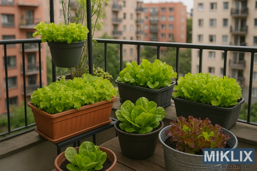 Various types of lettuce growing in containers on an urban balcony with city buildings in the background
