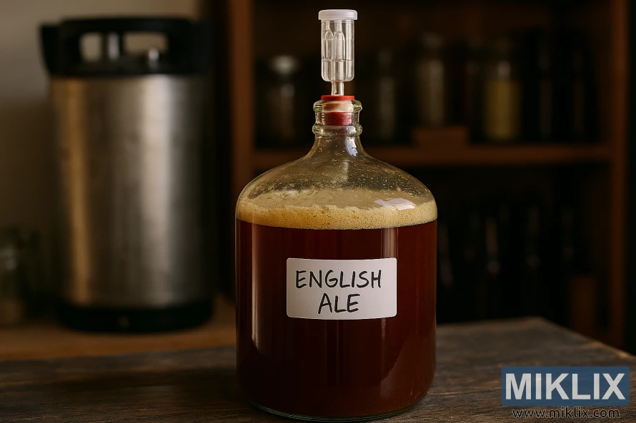 Staklena demižona fermentira englesko pivo na drvenom stolu u kućnom pivarskom okruženju