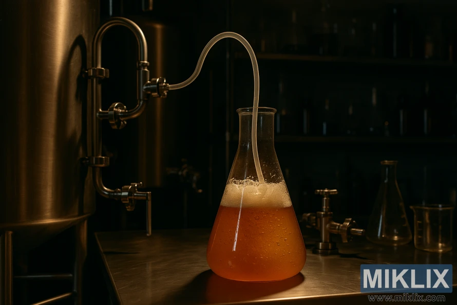 A glowing amber wort bubbles in a glass flask within a dim, stainless steel brewing lab. A glowing amber wort bubbles in a glass flask within a dim, stainless steel brewing lab.