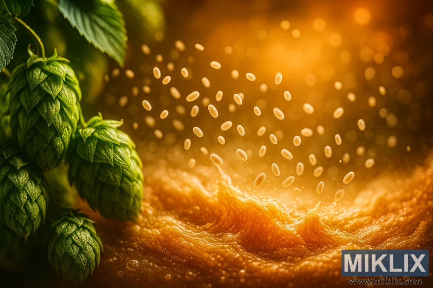 Šišarke hmelja i divlji kiseli kvasac vrte se u zlatnoj fermentaciji, evocirajući scenu craft pivare.