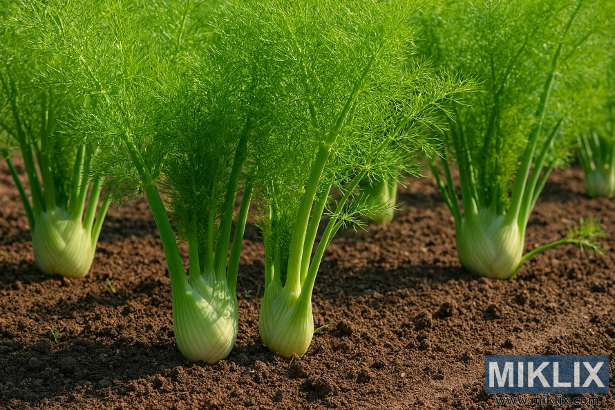 Fennel plants growing in full sun in a well-drained garden bed