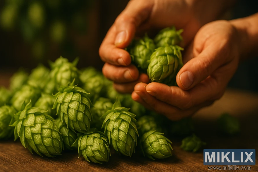 Nærbilde av ferske Chinook-humlekjegler med synlige lupulinkjertler, noen gnidd mellom hendene for å frigjøre aromatiske oljer.